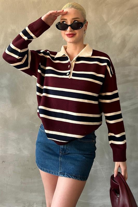 MDX Burgundy Striped Buttoned Polo Neck Women's Sweater MG2280 - Long Eaton