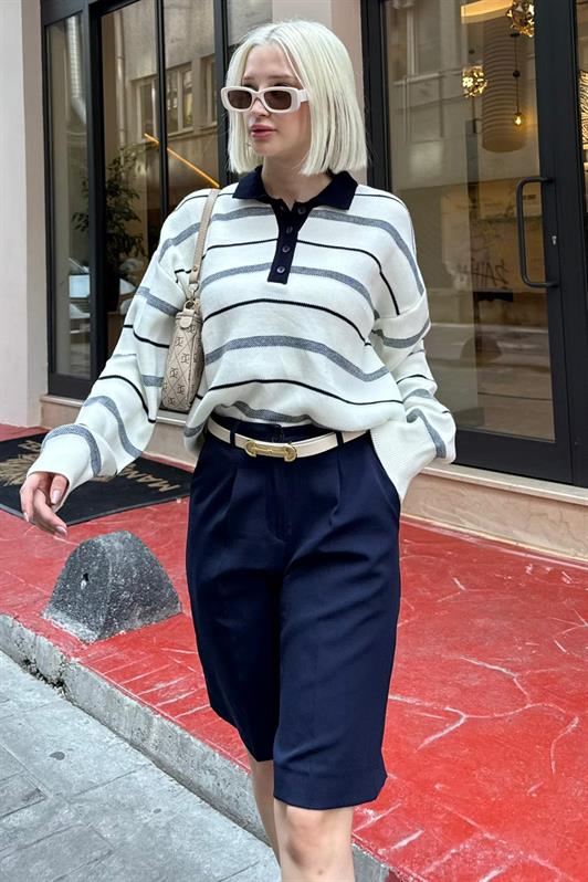 MDX Kemik Rengi Çizgili Polo Yaka Kadın Kazak Mg2476 - Atascocita