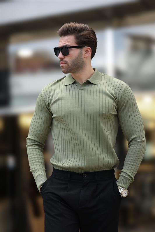 MDX Haki Polo Neck Striped Long Sleeve Sweater 7239 - McLean
