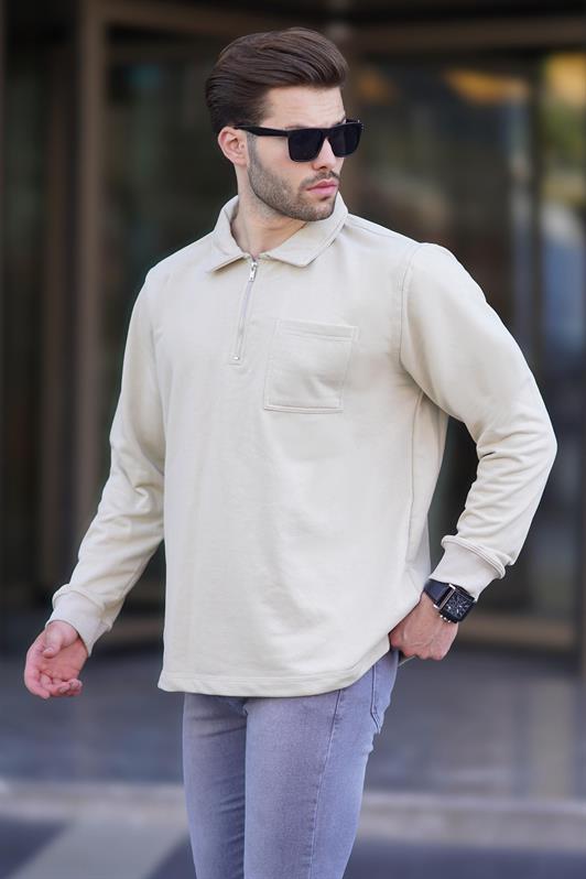 MDX Beige Polo Neck Zippered Long Sleeve Men's Sweatshirt 7057 - Tustin