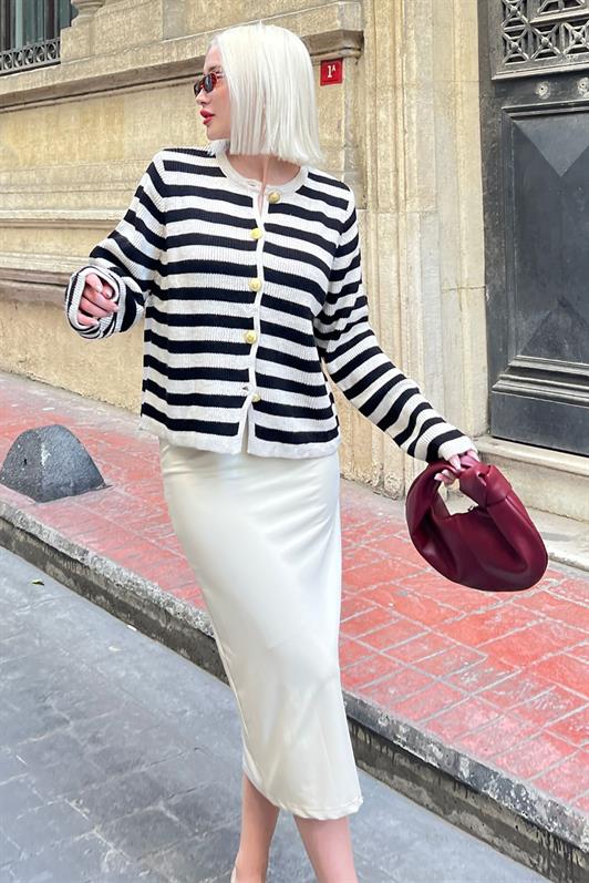 MDX Beige Striped Bicycle Collar Gold Button Detailed Cotton Cardigan MG1605 - Salaberry-de-Valleyfield