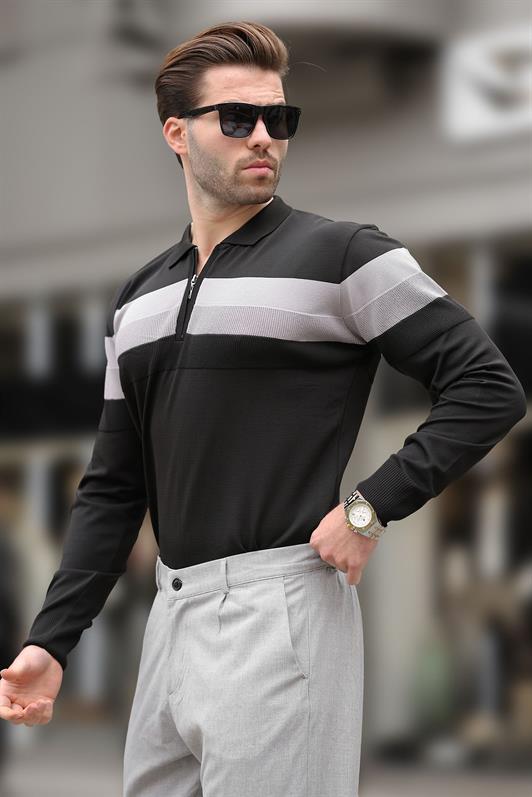MDX Black Zippered Polo Collar Striped Long Sleeve Sweater E7288 - Tallinn