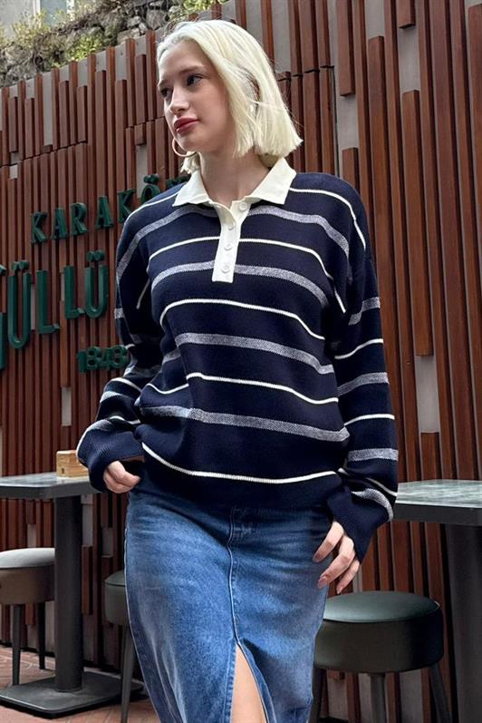 MDX Lacivert Çizgili Polo Yaka Kadın Kazak Mg2476 - Ixtapaluca