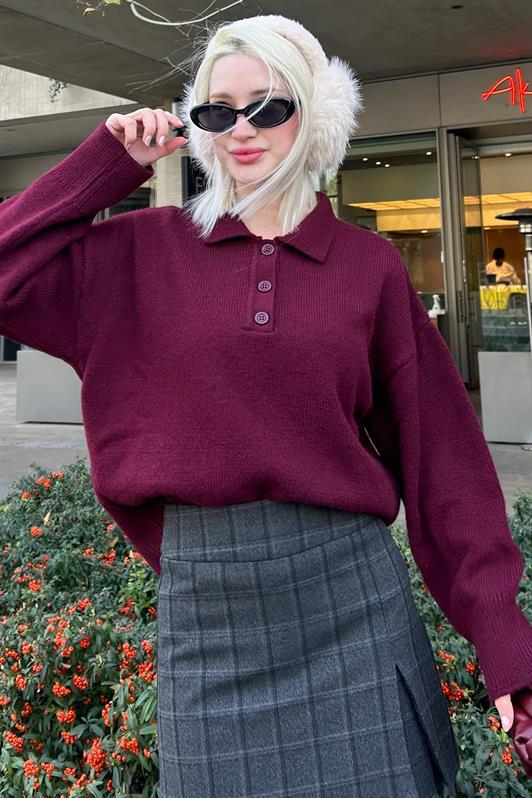 MDX Burgundy Buttoned Polo Neck Women's Sweater Mg2307 - Bartlesville