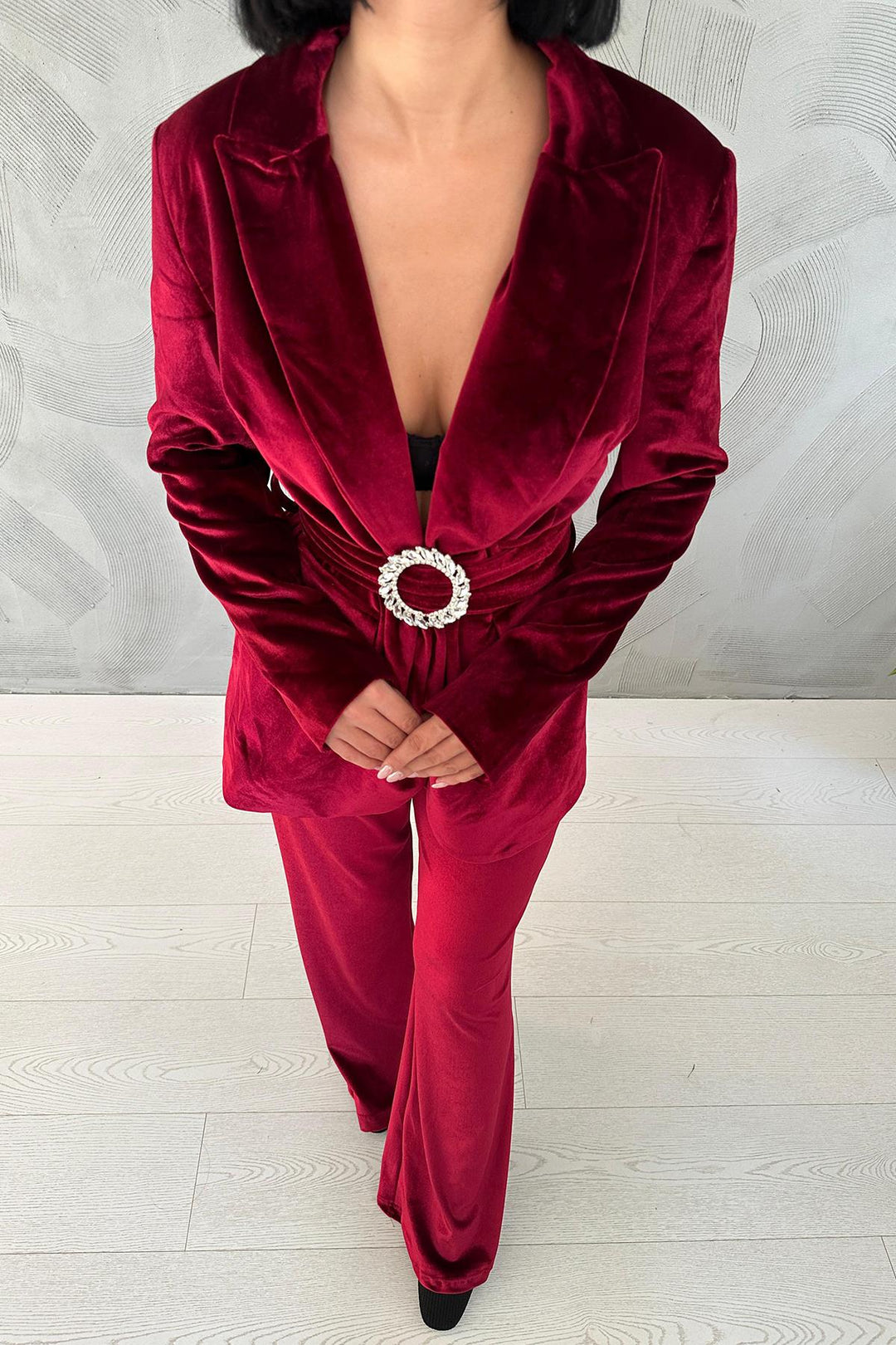 ELS Belted Jacket and Pants Velvet Suit - Red - Worthing