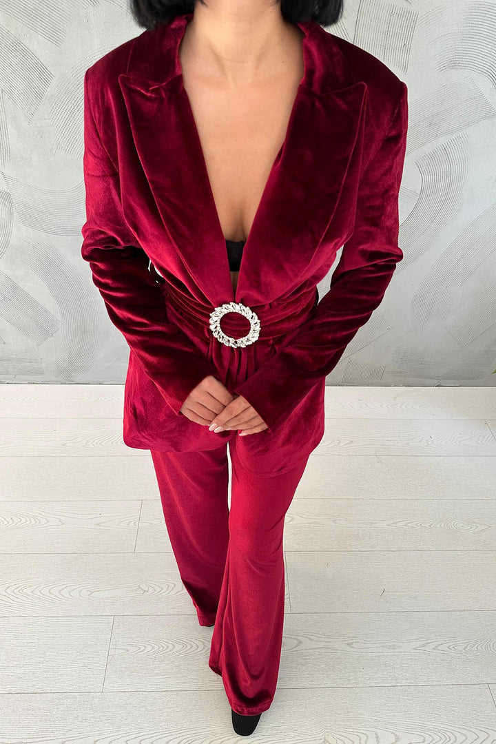 ELS Belted Jacket and Pants Velvet Suit - Red - Worthing