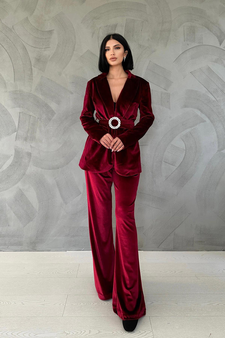 ELS Belted Jacket and Pants Velvet Suit - Red - Worthing