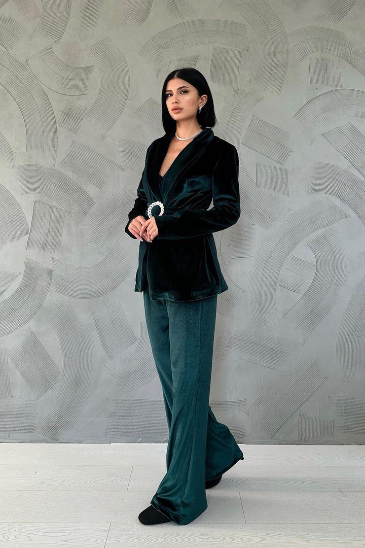 ELS Belted Jacket and Pants Velvet Suit - Emerald - Pioltello