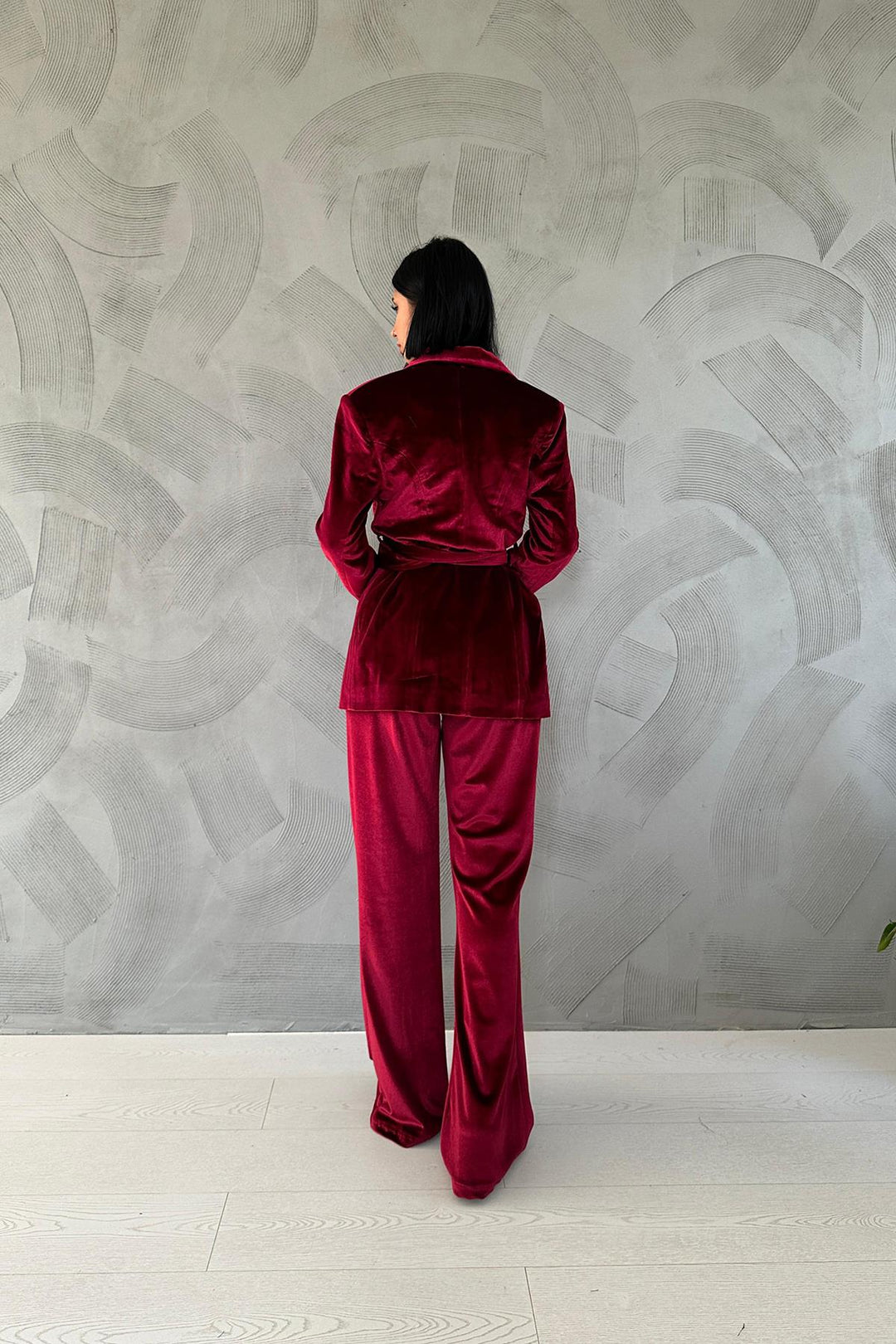 ELS Belted Jacket and Pants Velvet Suit - Red - Worthing