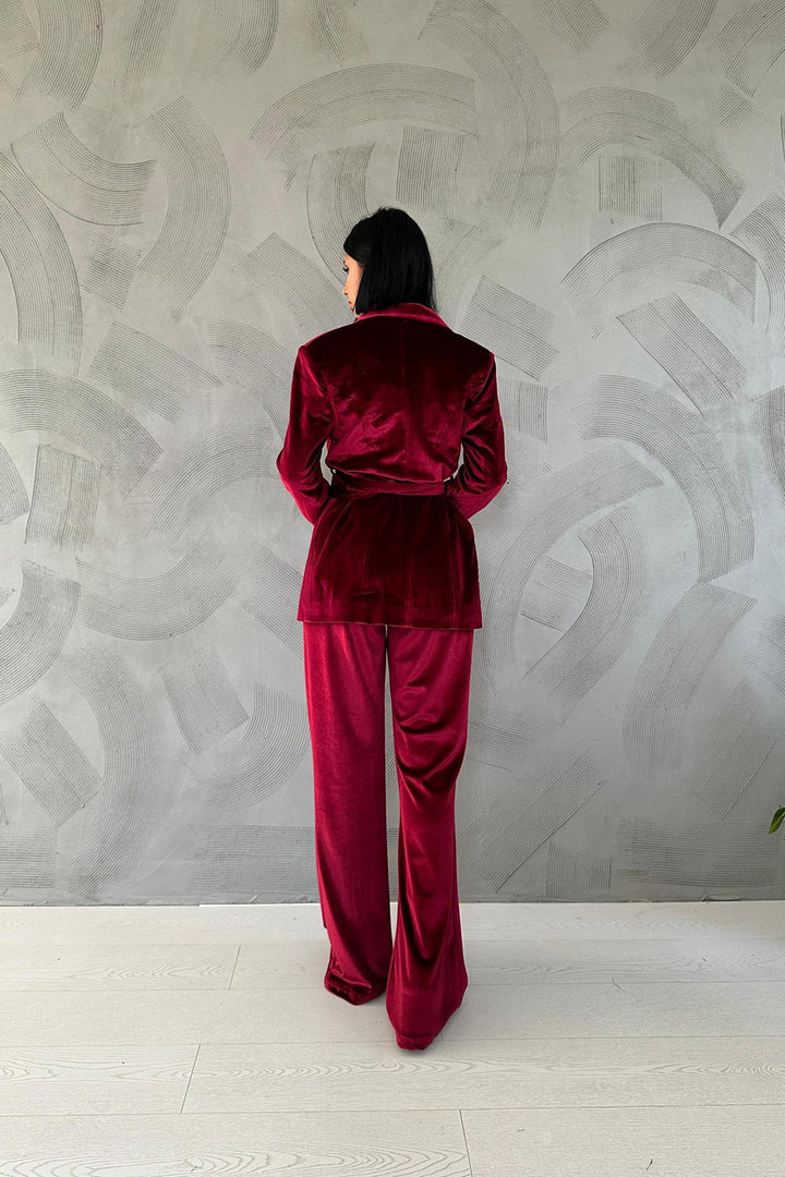 ELS Belted Jacket and Pants Velvet Suit - Red - Worthing