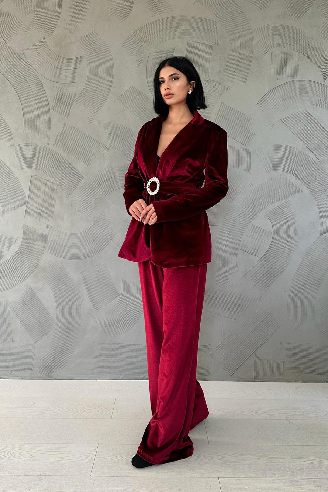 ELS Belted Jacket and Pants Velvet Suit - Red - Worthing