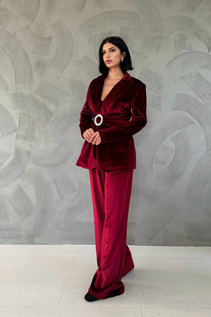 ELS Belted Jacket and Pants Velvet Suit - Red - Worthing
