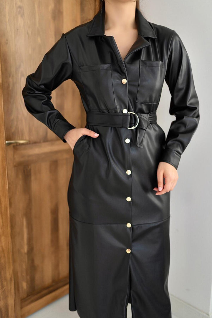 ELS Belted Leather Dress - Black - Texas City