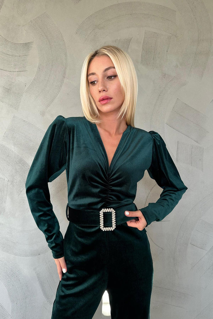 ELS Belted Velvet Jumpsuit - Emerald - Council Bluffs