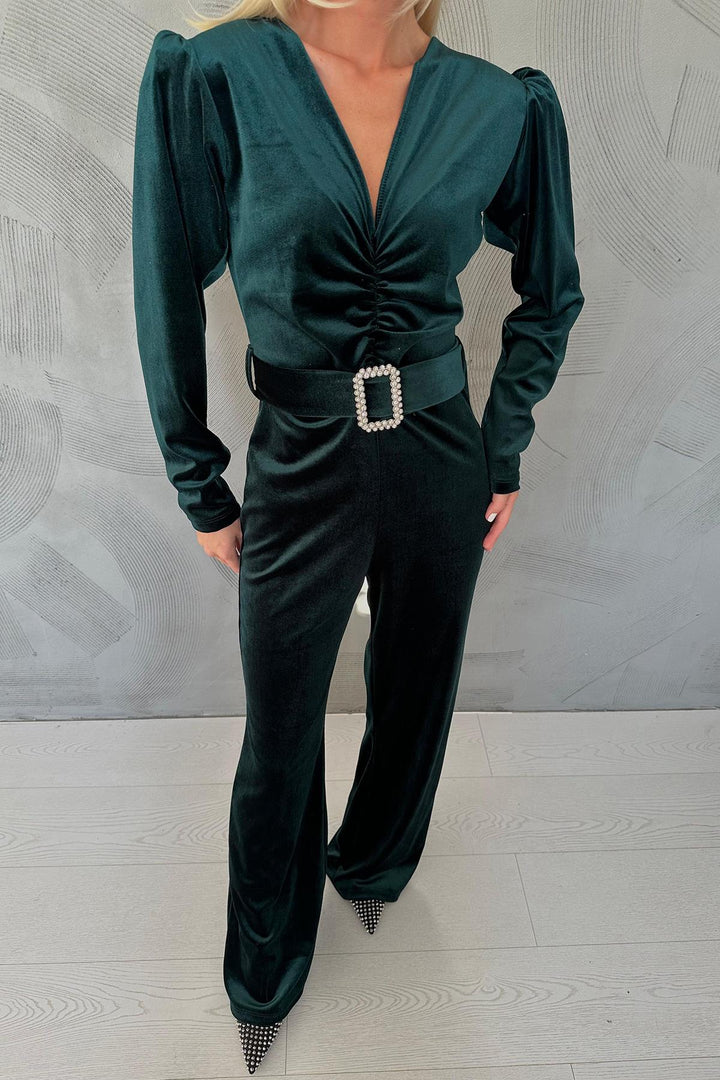 ELS Belted Velvet Jumpsuit - Emerald - Council Bluffs