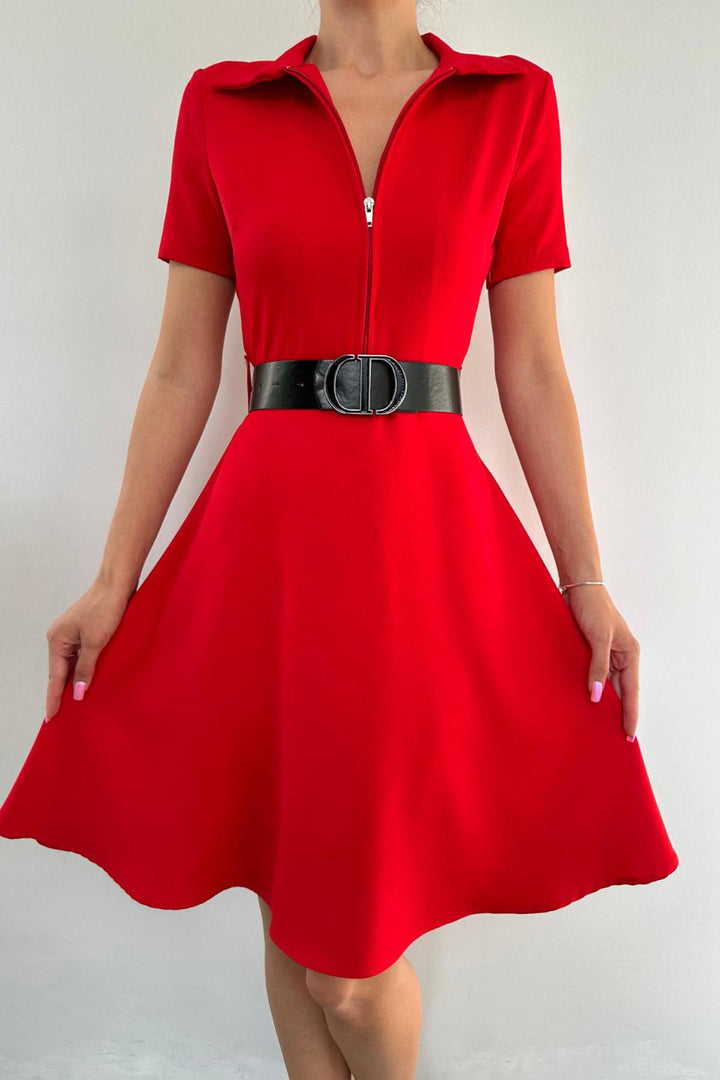ELS Belted Sports Dress - Red - La Louvière