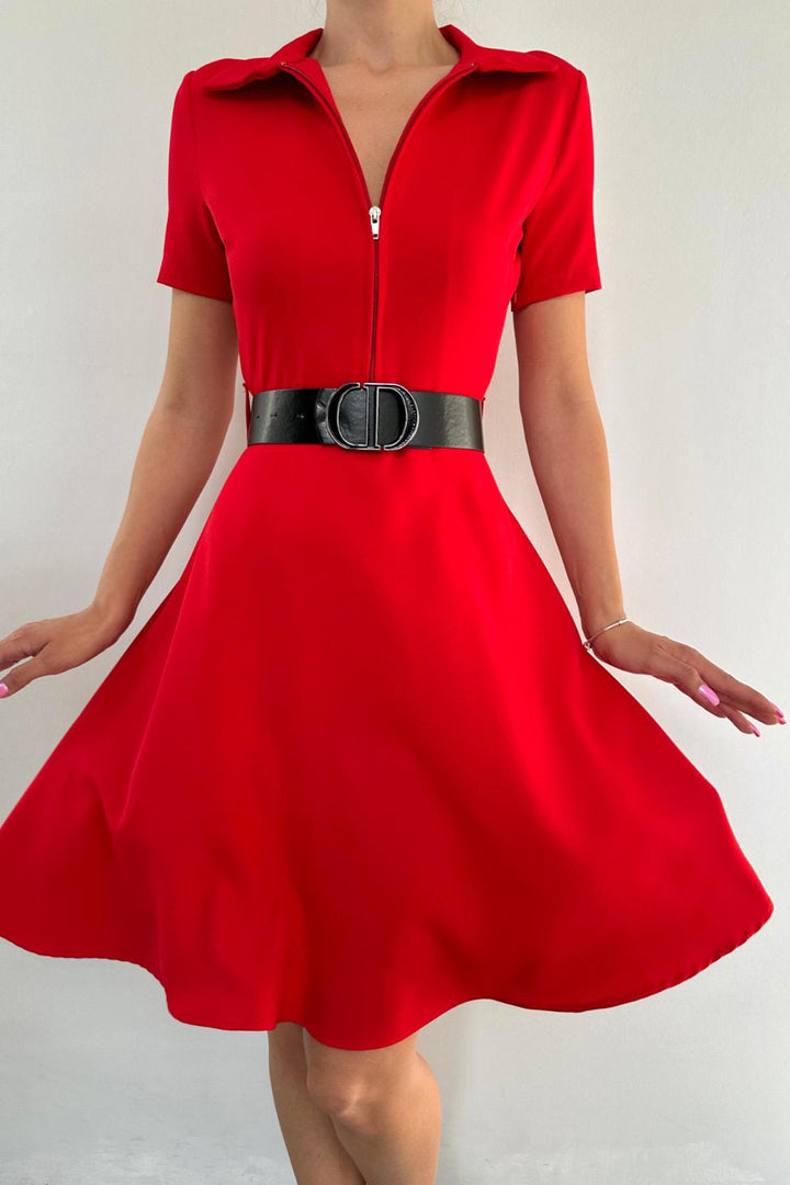ELS Belted Sports Dress - Red - La Louvière