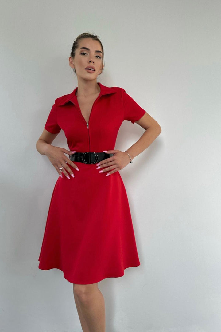 ELS Belted Sports Dress - Red - La Louvière