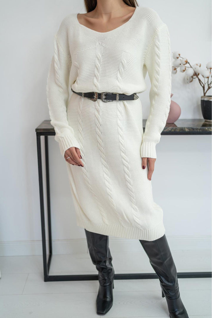 ELS Belted Knit Dress - White - Bebington