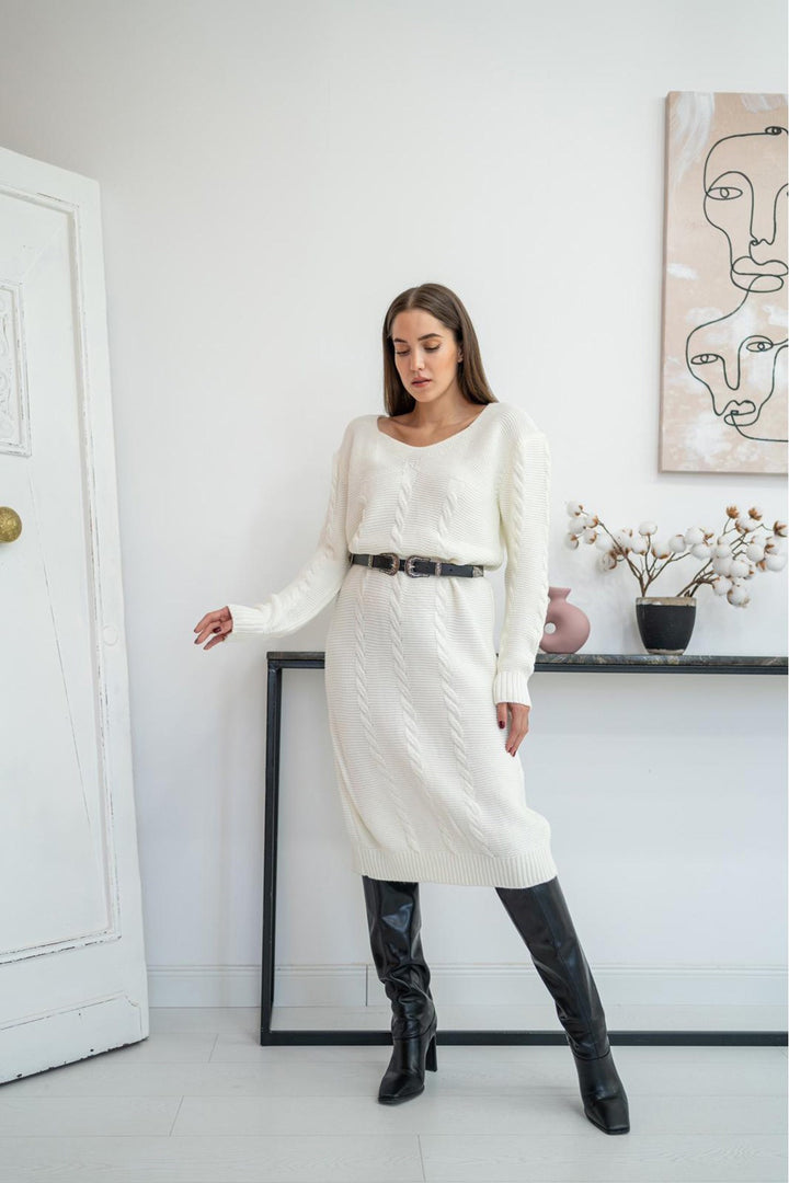 ELS Belted Knit Dress - White - Bebington