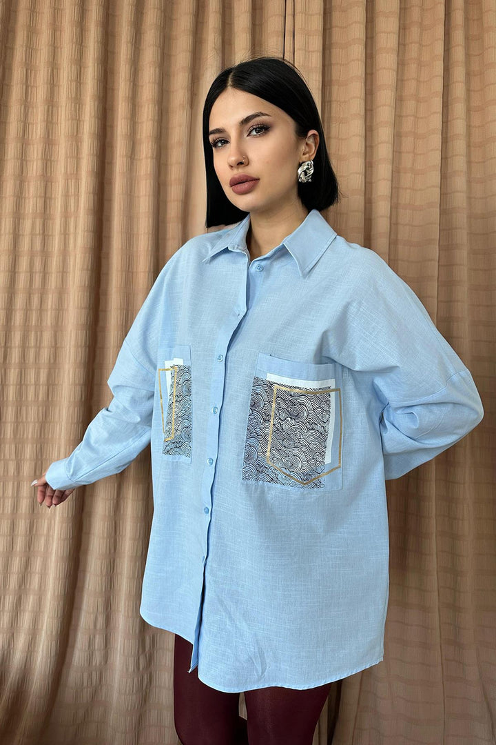 ELS Linen Shirt with Double Pocket Print - Blue - Alfortville