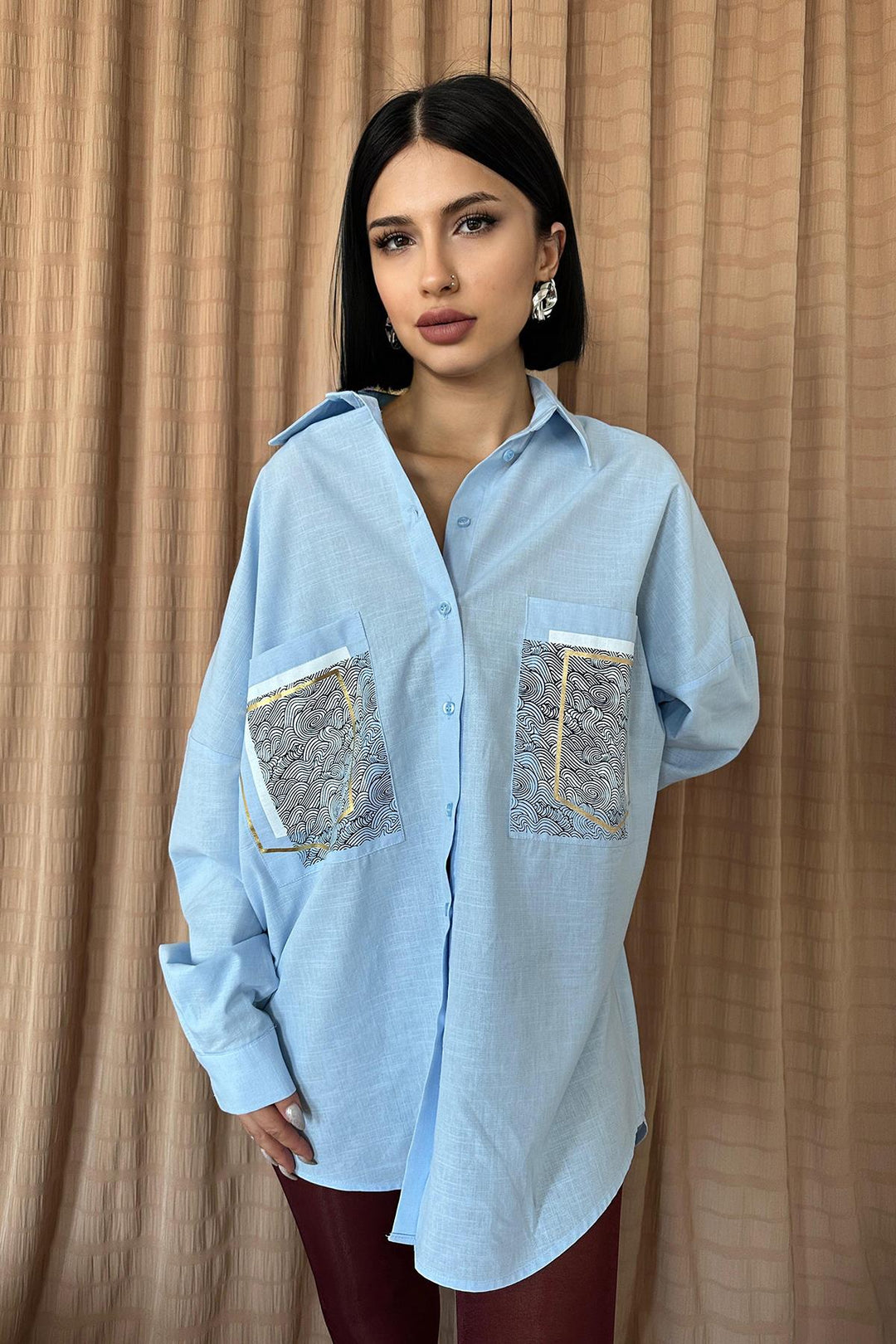 ELS Linen Shirt with Double Pocket Print - Blue - Alfortville