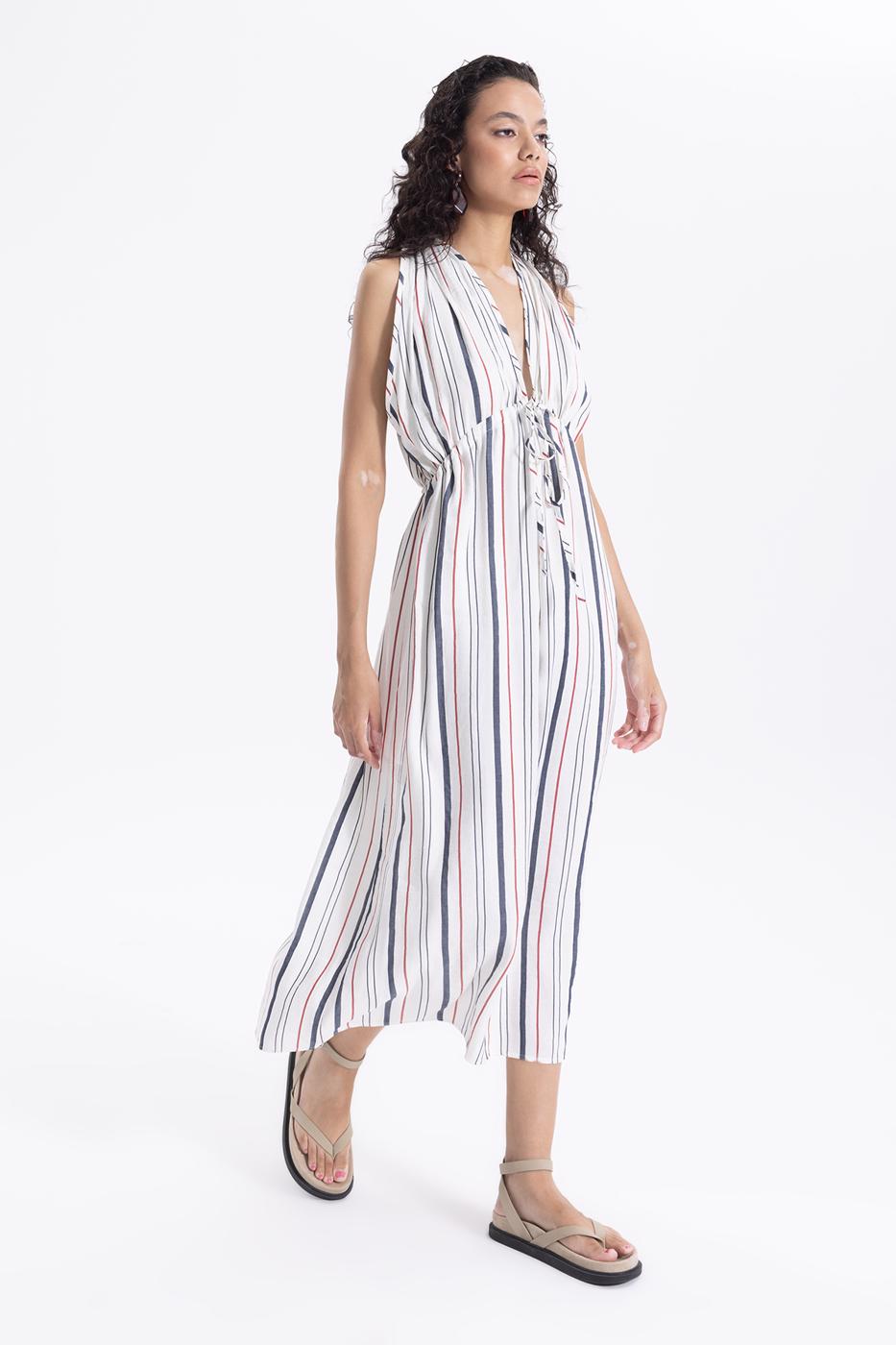 BSL Women Linen Striped Midi Dress - Brant