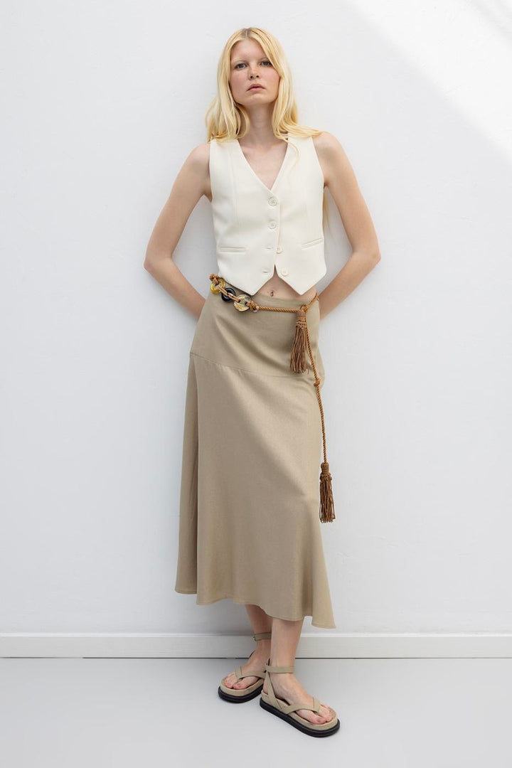 BSL Women Linen Blend Flounced Midi Skirt - Vich