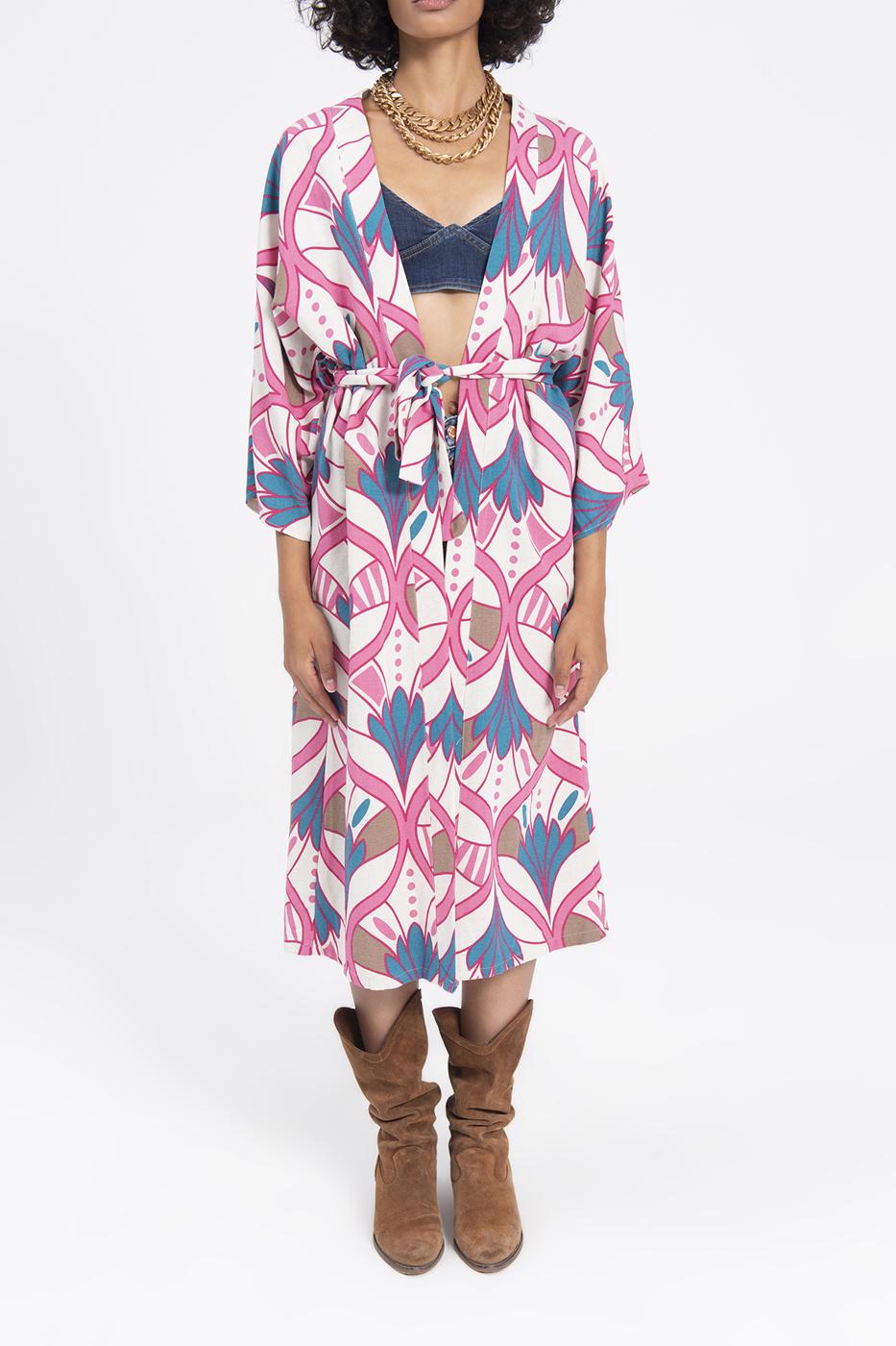 BSL Women Linen Blend Kimono with Belt - Cunduacán