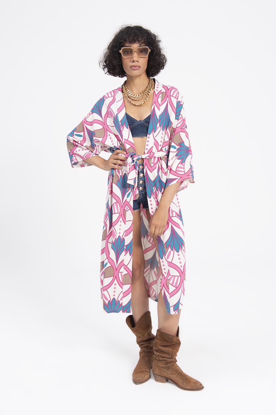 BSL Women Linen Blend Kimono with Belt - Cunduacán