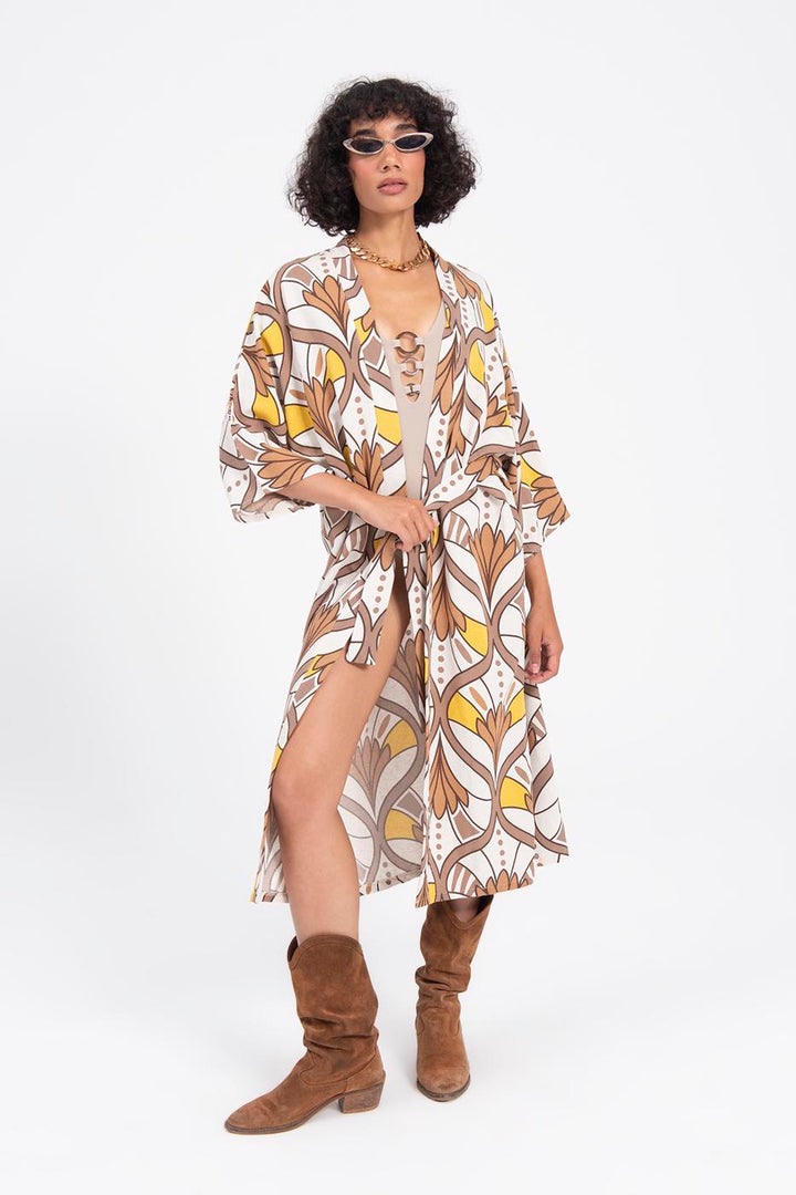 BSL Women Linen Blend Kimono with Belt - Hammond