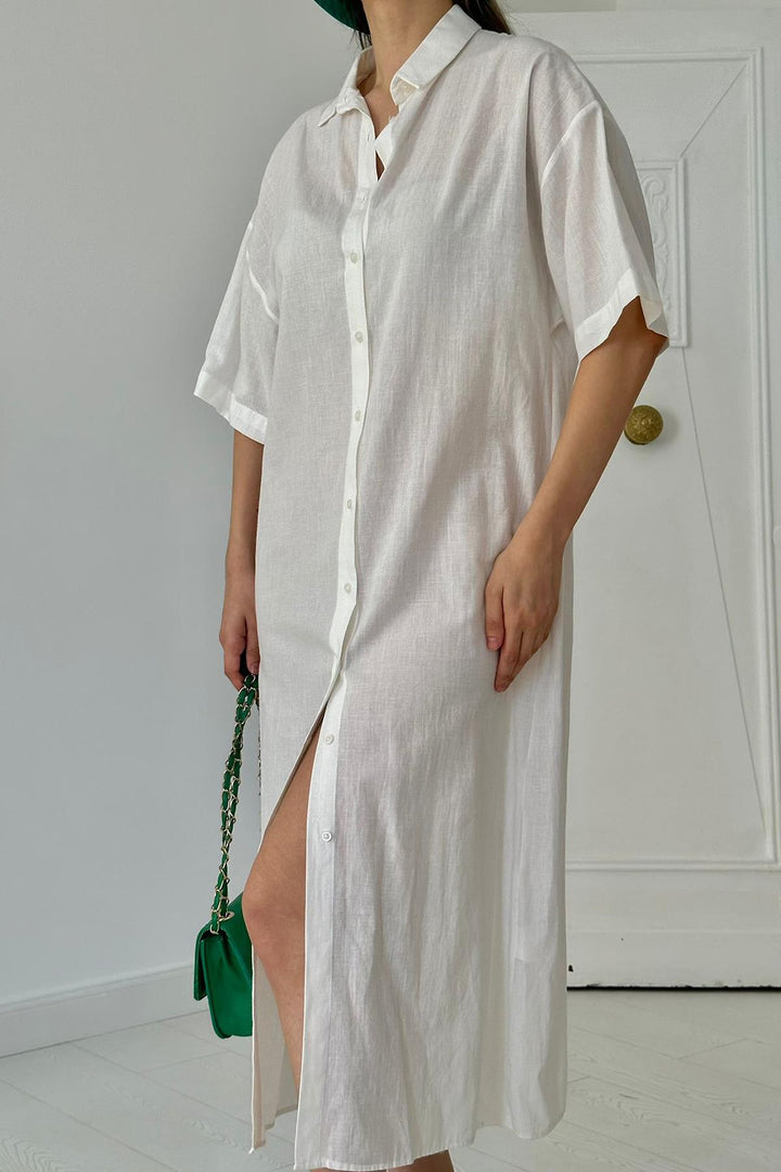 ELS Linen Short Sleeve Dress - White - Hamm