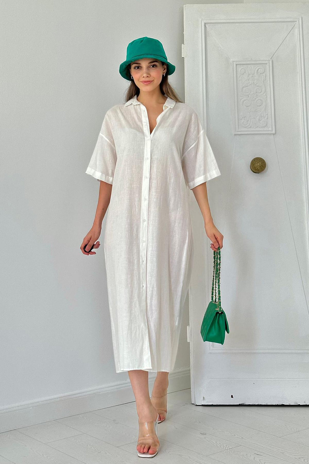 ELS Linen Short Sleeve Dress - White - Hamm