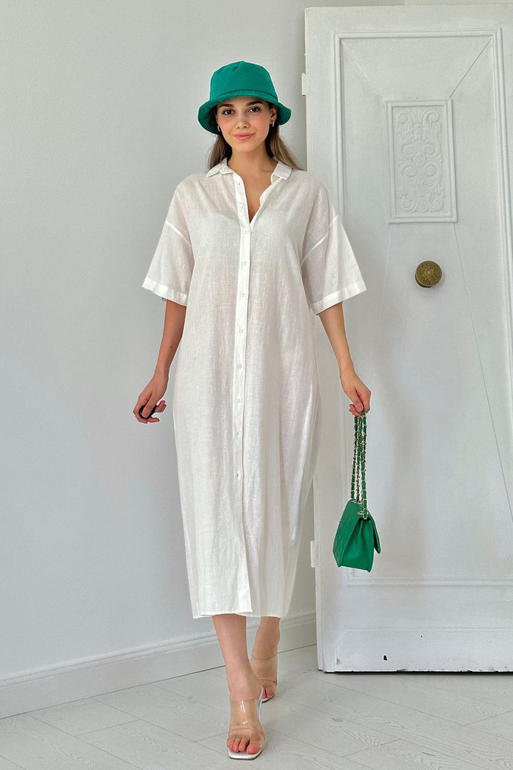 ELS Linen Short Sleeve Dress - White - Hamm
