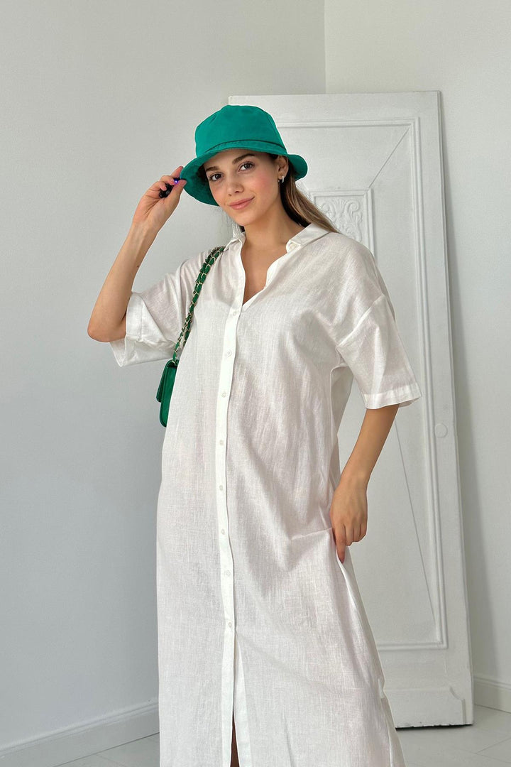 ELS Linen Short Sleeve Dress - White - Hamm
