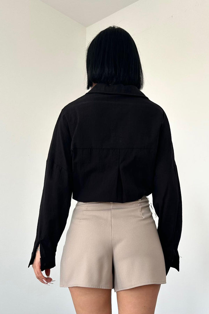 قميص ELS Linen Classic Fit مزين بالخرز - أسود - Rhondda