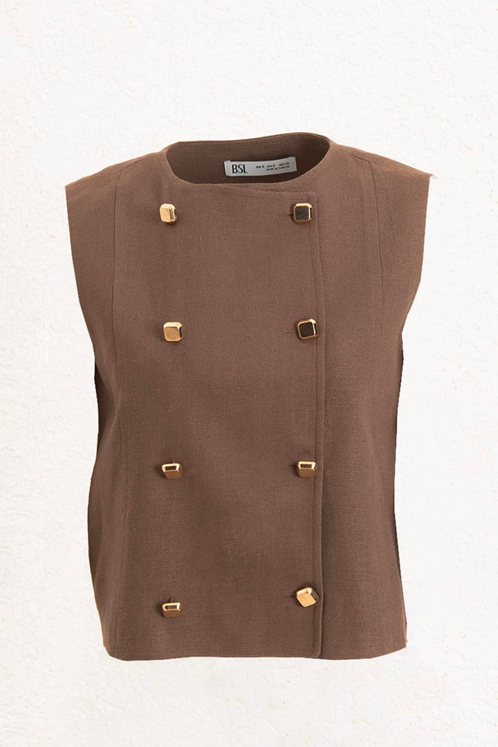 BSL Women Linen Round Collar Vest with Metal Button Detail - Korschenbroich