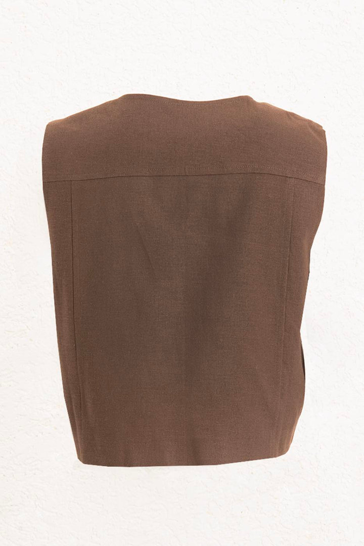 BSL Women Linen Round Collar Vest with Metal Button Detail - Korschenbroich