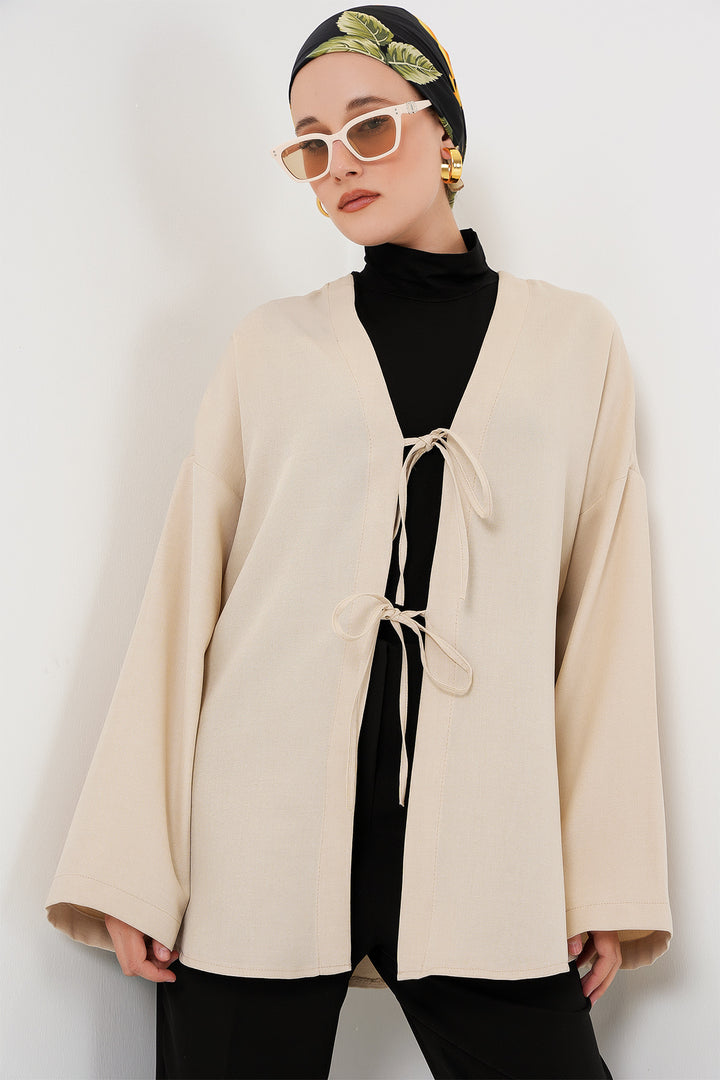 BGD Women Linen Hijab Kimono 5968 - Cream - Acámbaro