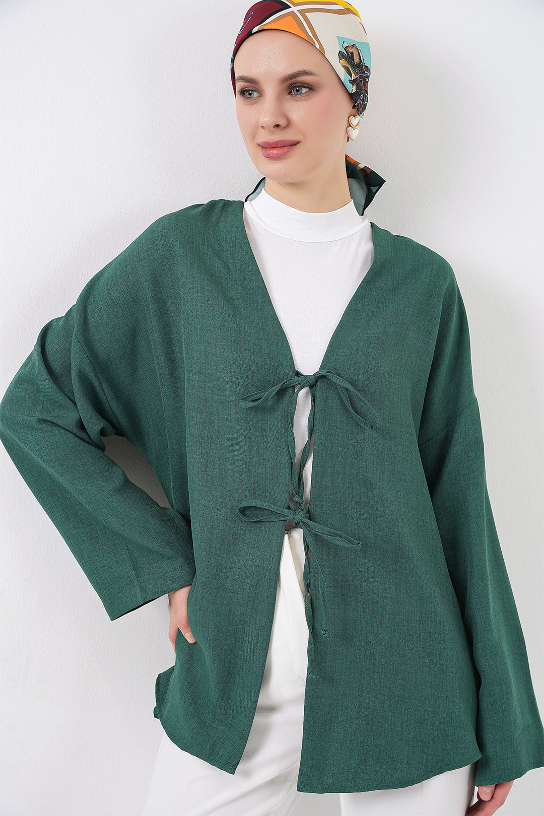 BGD Women Keten Tesettür Kimono 5968 - Zümrüt Yeşili - Valongo