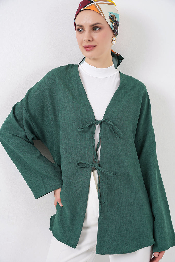 BGD Women Keten Tesettür Kimono 5968 - Zümrüt Yeşili - Valongo