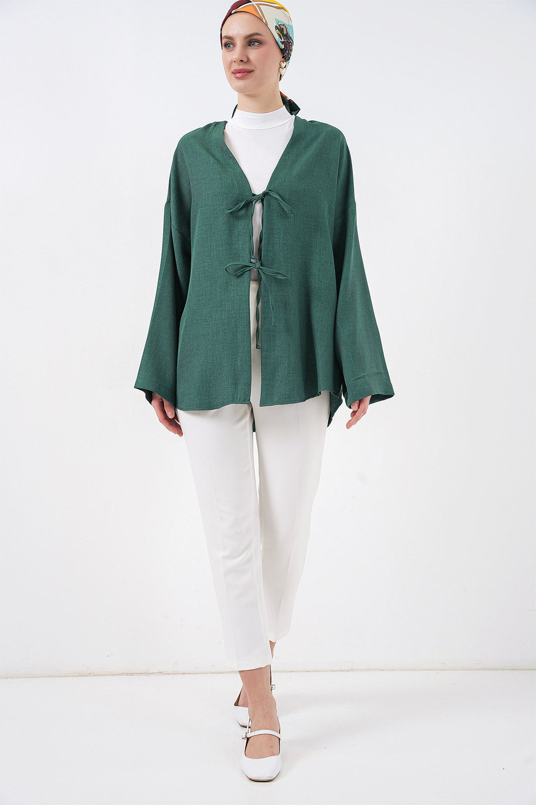 BGD Women Keten Tesettür Kimono 5968 - Zümrüt Yeşili - Valongo
