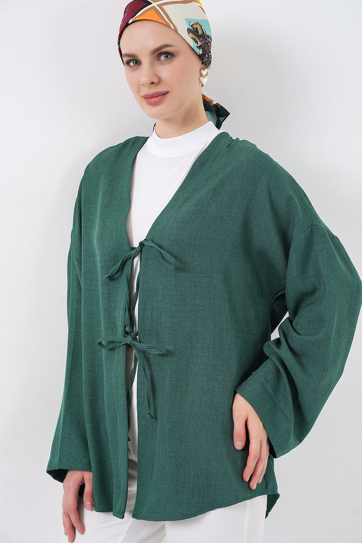 BGD Women Keten Tesettür Kimono 5968 - Zümrüt Yeşili - Valongo
