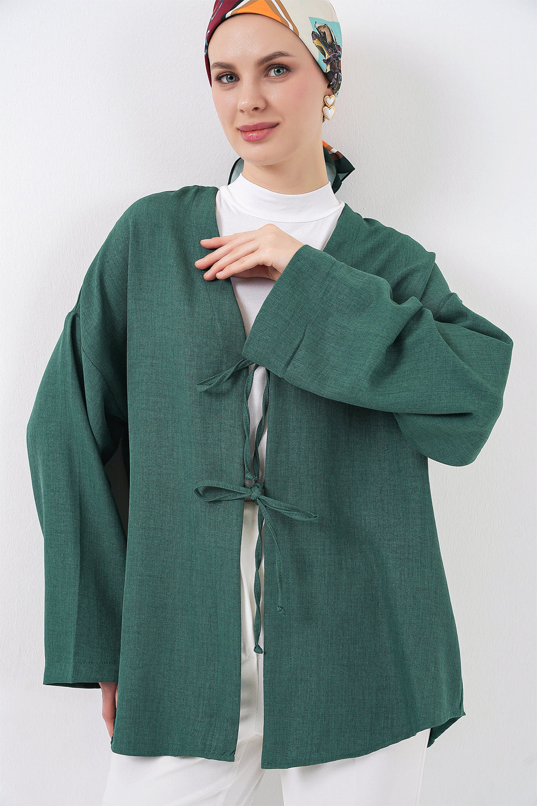 BGD Women Keten Tesettür Kimono 5968 - Zümrüt Yeşili - Valongo