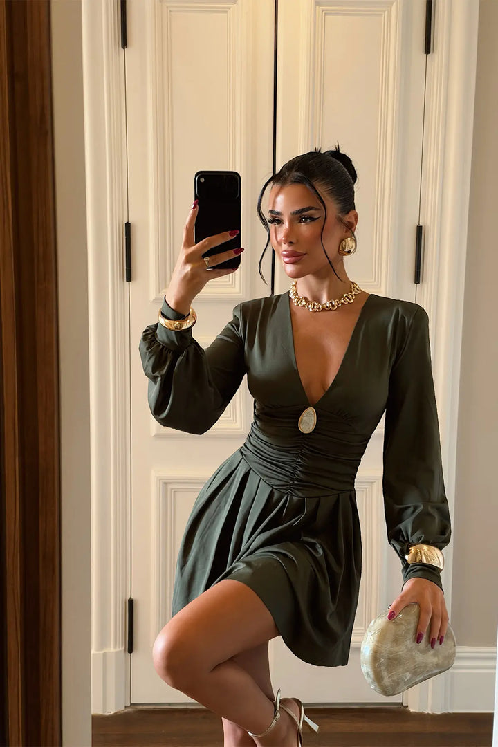EYY Women Khaki Dress with Ruched Front - Taranto