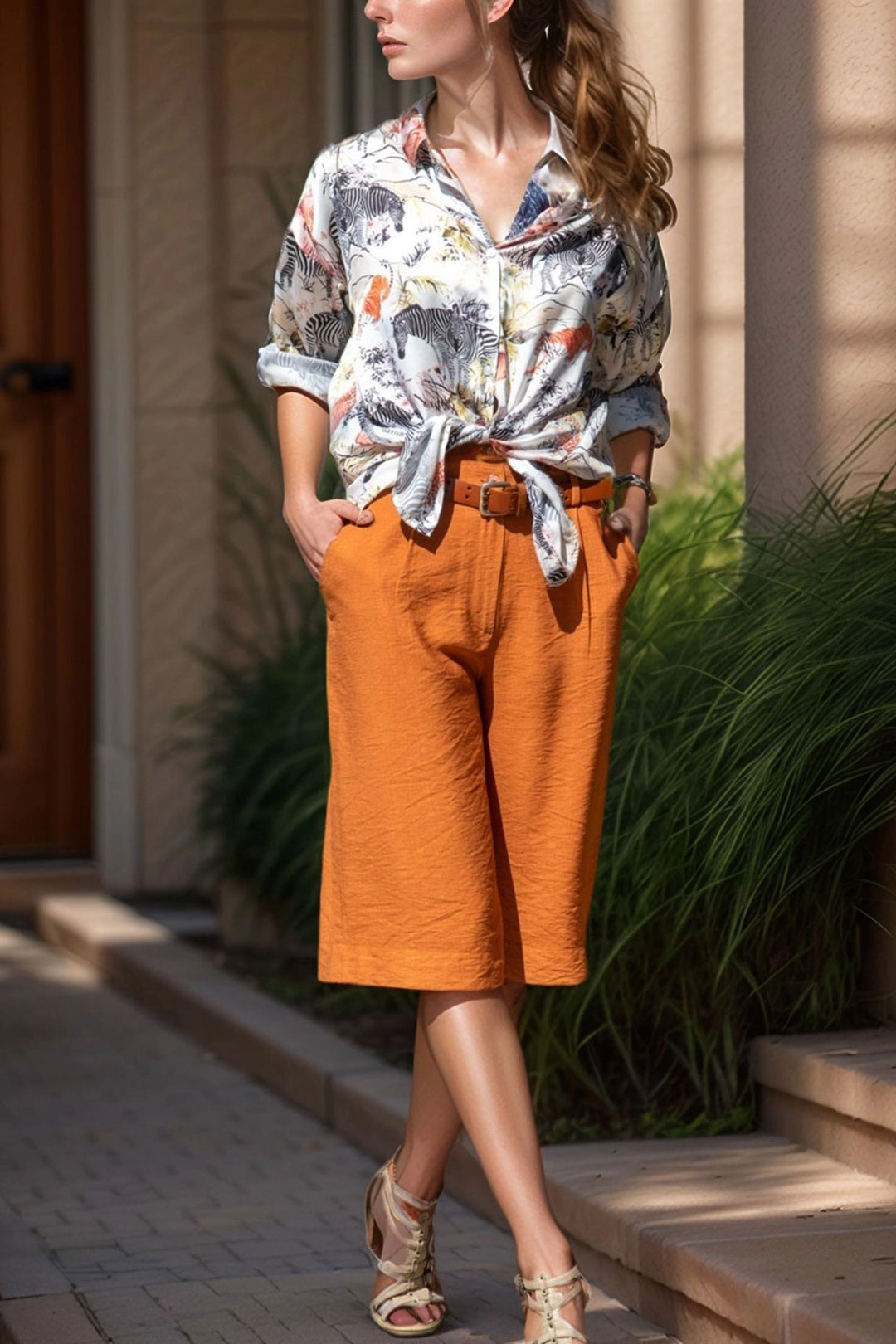 Tile Pocket Double Pleated Linen Bermuda Shorts BCBSK-25700-2912 - Svitlovodsk