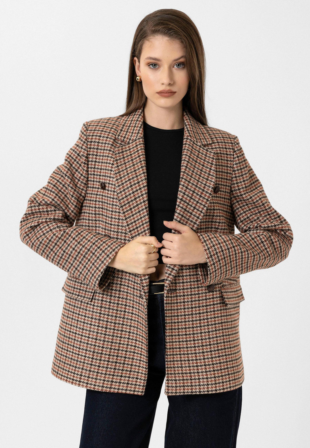 ANT Antioch Kiremit Kadın Kazayağı Desenli Blazer Ceket - Florence