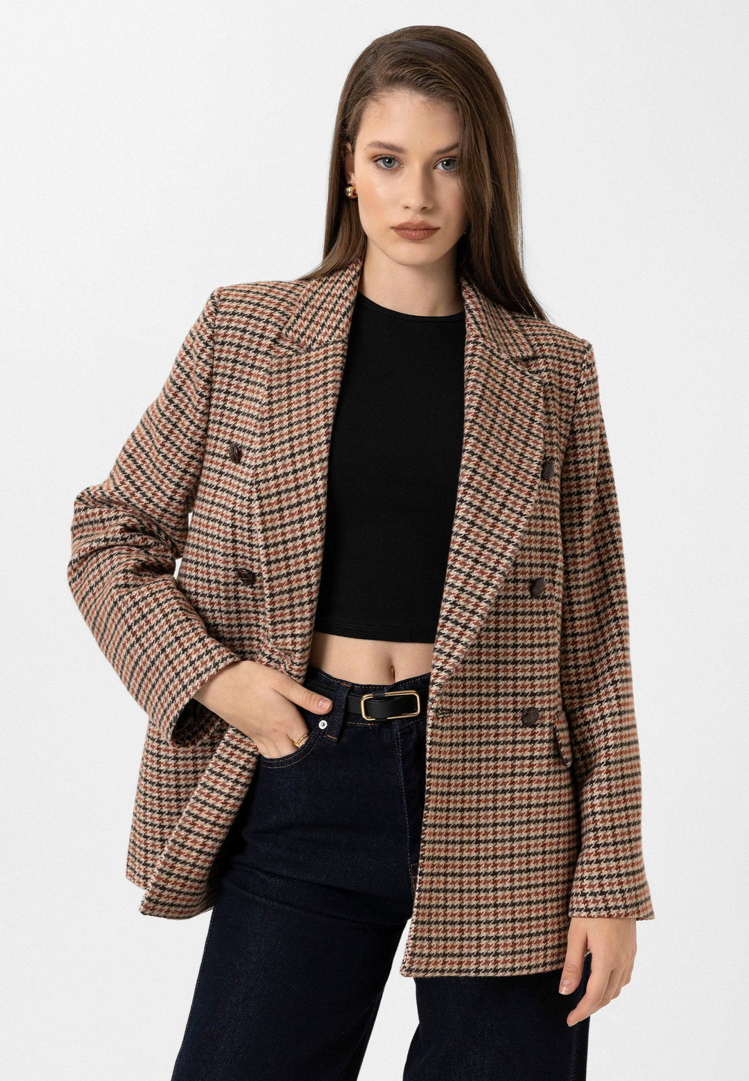 ANT Antioch Kiremit Kadın Kazayağı Desenli Blazer Ceket - Florence