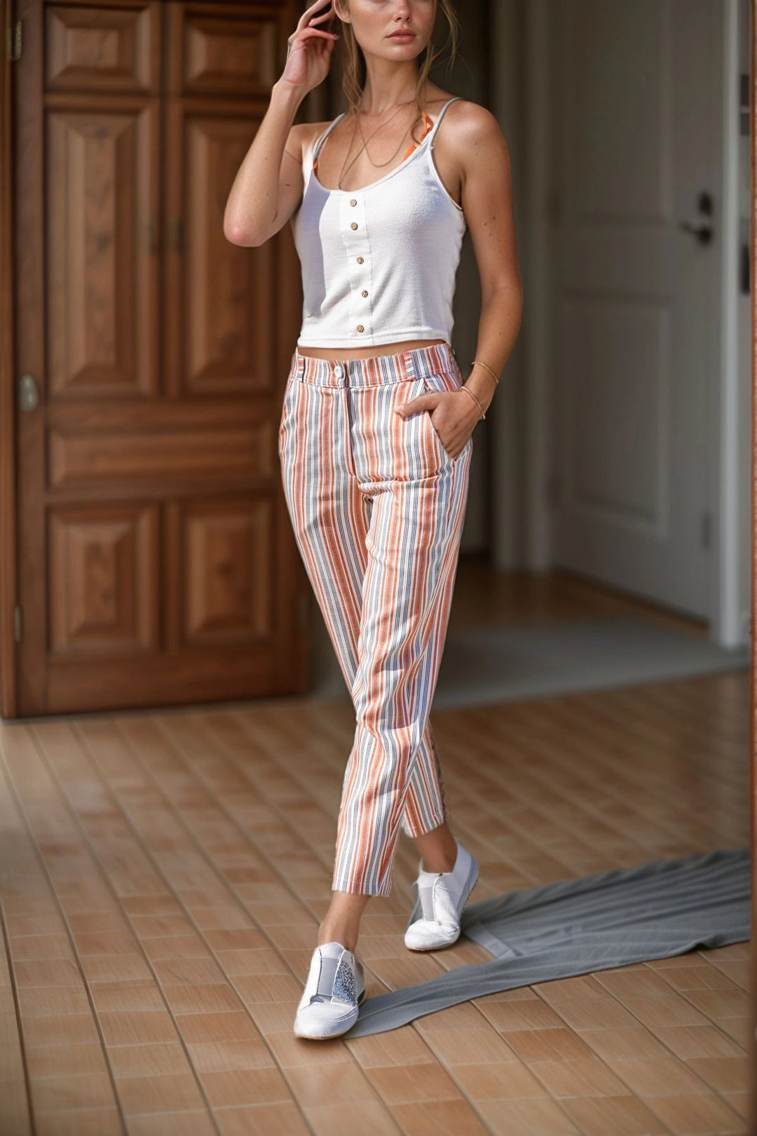 Tile Linen Pocketed Buttoned Pipe Leg Carrot Pants BCBSK-25700-3394 - Ciampino