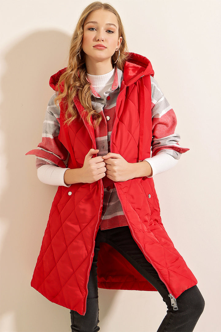 BGD Women Hooded Long Puffer Vest - Red - Richmond